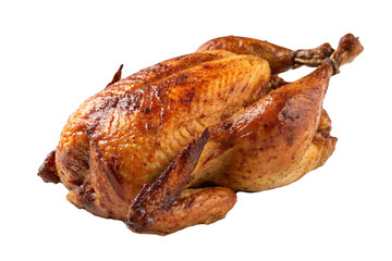 Roasted turkey with crisp skin and golden-brown color, without garnishes, ready for carving and serving. Looks juicy and perfectly cooked, set against a transparent background