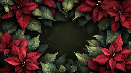 Elegant poinsettia flower border with deep red petals and lush green leaves, framing a central blank area, natural lighting, rich textures, hd quality, holiday ambiance. --ar 16:9
