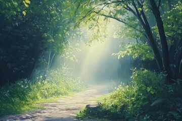Obraz premium A misty forest path leads into the sunlight, with lush greenery on either side.