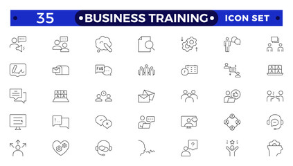 Business training line icons collection. Workshop, lecture, education icons. UI icon set. Interpersonal skill, confidence, problem solving, communication outline icon.