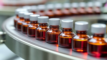 A Conveyor Belt Carrying Amber Glass Bottles with White Caps