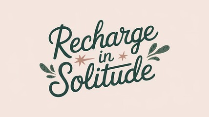 Hand-Drawn Typography Illustration of "Recharge in Solitude" in Soft Cursive and Simple Sans-Serif, Featuring a Calming Earthy Palette and Symbolizing Peace and Rejuvenation