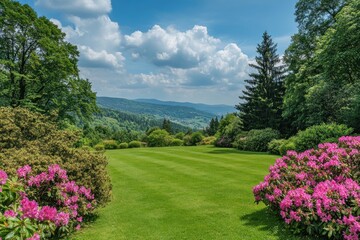 Obraz premium Lush green lawn with blooming rhododendrons in the foreground and a mountainous backdrop under a blue sky with fluffy clouds.