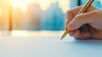 A focused view of a hand signing a contract in a modern office, highlighting professionalism and commitment.