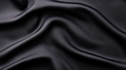 Obraz premium Closeup view of dark textured fabric with shiny fibers, showcasing intricate wavy patterns in textile design.