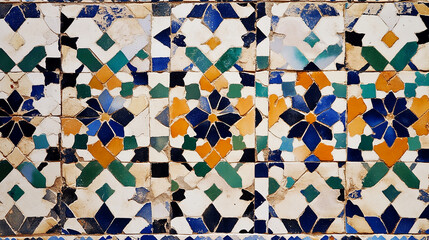 Close-up of a colorful and intricate mosaic tile pattern, featuring various shades of blue, green, yellow, and white. The tiles are arranged in a geometric pattern and are slightly weathered.