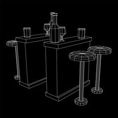 Bar counter with stools, bar top with bottles and glasses. Wireframe low poly mesh vector illustration.