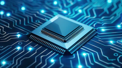 Explore the cuttingedge of tech with this futuristic microchip design, illuminated against a vibrant blue backdrop.