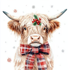 festive Highland cow adorned with red bow and holly, surrounded by snowflakes, captures holiday spirit beautifully
