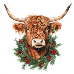 Highland cow adorned with festive wreath of pine, berries, and pinecones, capturing spirit of Christmas. Perfect for holiday decor and seasonal themes