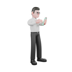 3D Cartoon Model. A male producer stands while playing a handphone. Filmmaker Illustration