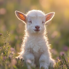 Naklejka premium A fluffy white lamb with closed eyes sits in a field of wildflowers, bathed in golden sunlight.