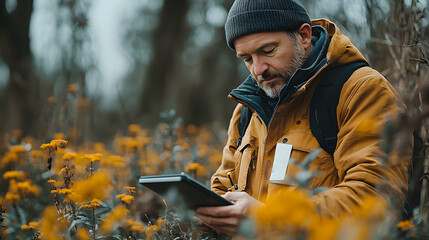 Man Writing in a Notebook in a Forest - Realistic Photo