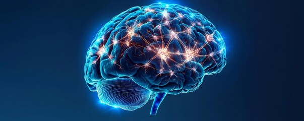 High-tech digital rendering of brain synapses and neural pathways, partial disintegration depicting the damage from multiple sclerosis, vivid blue lighting, futuristic health tech