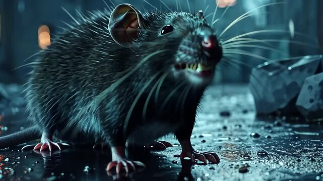 Aggressive rat captured against dark background, disease carrier, Ai Generated