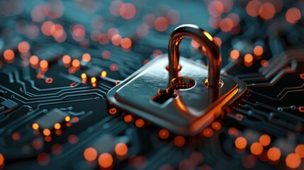 A metallic padlock with a keyhole rests on a circuit board, representing digital security.