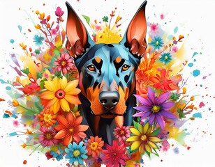 Doberman Pinscher head against colorful flower explosion background
