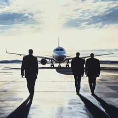 Obraz premium Flight crew walking on tarmac towards airplane