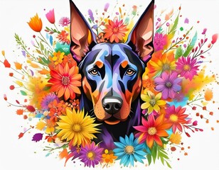 Doberman Pinscher head against colorful flower explosion background