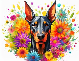 Doberman Pinscher head against colorful flower explosion background