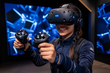 A virtual reality holiday celebration with guests in futuristic attire, surrounded by hologram presents and decor