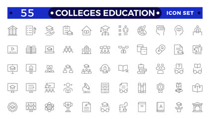 Colleges education icons. School, University, Back to school, Classroom, students and teacher. Science Education and knowledge outline icon.
