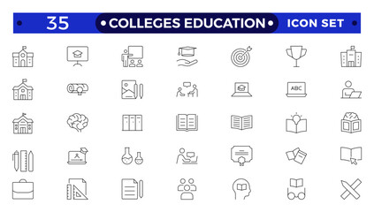 Colleges education icons. School, University, Back to school, Classroom, students and teacher. Science Education and knowledge outline icon.
