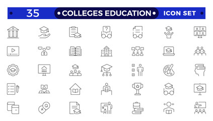 Colleges education icons. School, University, Back to school, Classroom, students and teacher. Science Education and knowledge outline icon.
