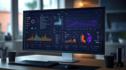 A modern desktop computer displaying a user interface with multiple charts and graphs representing data analysis and insights.