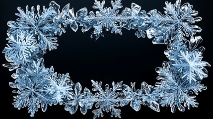 Snowflake border with shimmering frosty patterns, creating an elegant winter frame around a central blank copy space, soft shadows, hd quality, highly detailed textures, serene winter feel. --ar 16:9