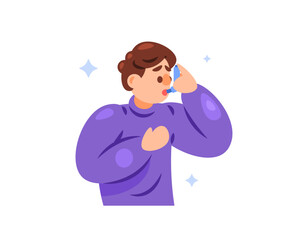 illustration of a man using an inhaler because of difficulty breathing. shortness of breath, asthma symptoms and lung disease. facial expressions and gestures. respiratory system disorders. health