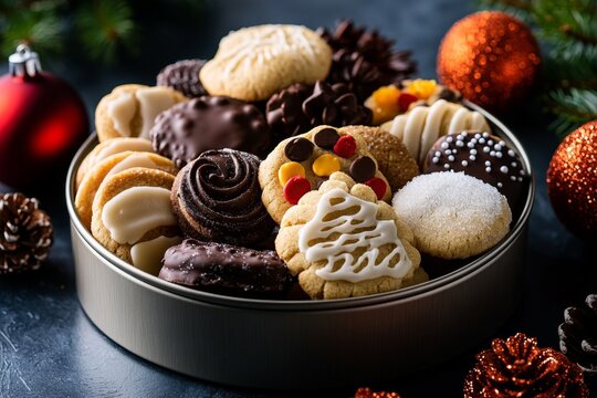 Close-up of a Christmas cookie tin filled with assorted cookies, some with chocolate and others with sugar icing
