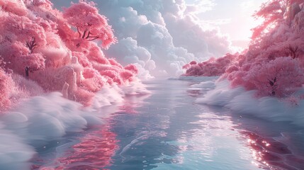 Dreamlike landscape with a pink background, featuring intricate details of flowing streams and blooming gardens.