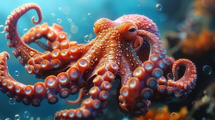 Giant octopus with its tentacles curling and reaching out, floating in the depths of the ocean, surrounded by bubbles.