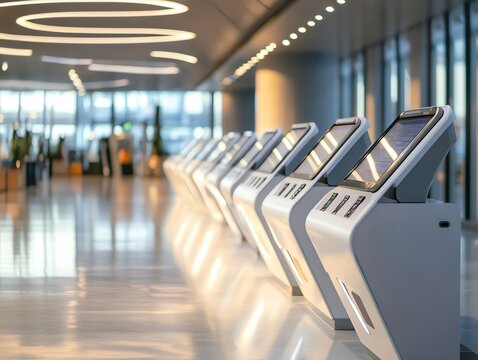 Modern checkin counters with selfservice kiosks in airport