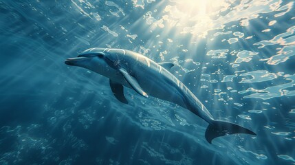 Naklejka premium Graceful dolphin swimming just below the surface, with light rays filtering through the water, creating a serene underwater scene.