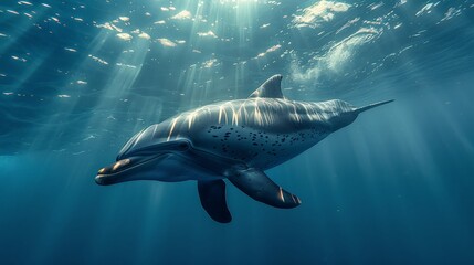 Fototapeta premium Graceful dolphin swimming just below the surface, with light rays filtering through the water, creating a serene underwater scene.