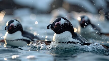Fototapeta premium Group of penguins swimming gracefully underwater, their sleek bodies cutting through the icy blue water with ease.