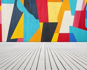 Colorful Abstract Wall Mural with Wooden Floor