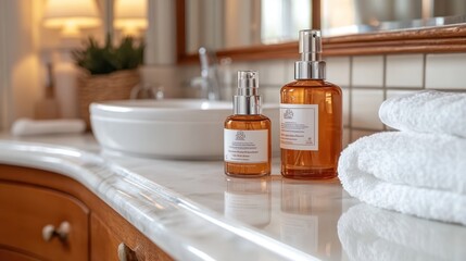 Two amber glass bottles with pump sprays and white towels on a marble counter in a bathroom.