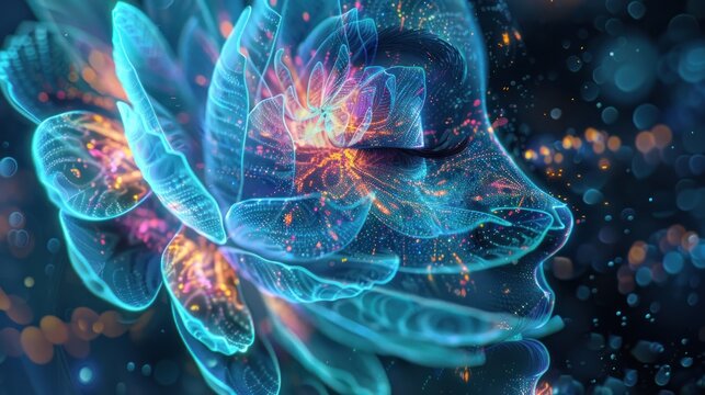 A glowing, abstract floral design with a human face, composed of glowing particles.