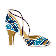 A beautifully stylish high heel adorned with intricate blue and gold patterns, ideal for all fashion enthusiasts