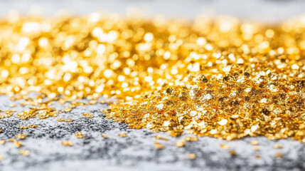 Close-up of shiny gold nuggets, a pile of gold dust, on a gray background.