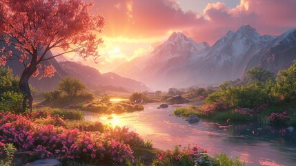 Naklejka premium Tranquil valley with a pink background, highlighting intricate details of flowing rivers and lush landscapes.