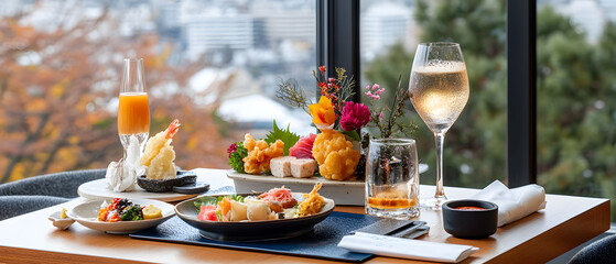 Japanese food, sushi or noodles, as well as desserts and drinks in the style and culture of Japan.