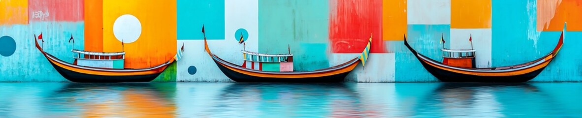 Obraz premium Colorful Boats Against Vibrant Wall Background