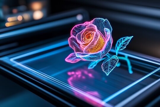 Digital holographic rose in neon colors, floating in a high-tech display with a futuristic vibe