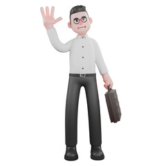 3D Film Producer Cartoon. A male producer stands with his left hand carrying a work suitcase bag and his right hand waving. Director Model