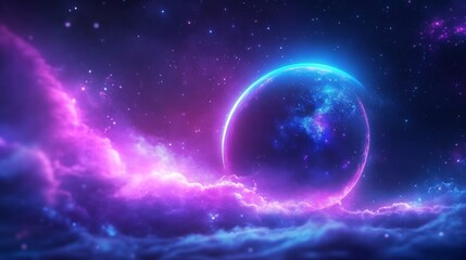 Obraz premium Ethereal Cosmic Landscape with Vibrant Colors and Celestial Elements, Showcasing a Dazzling Celestial Body Surrounded by Mystical Gas Clouds and Stars in a Dreamlike Universe