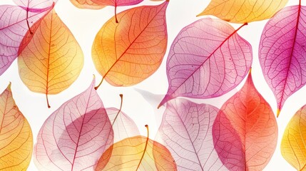 Obraz premium Collection of autumn leaves with gradient color transition from red to orange and yellow.